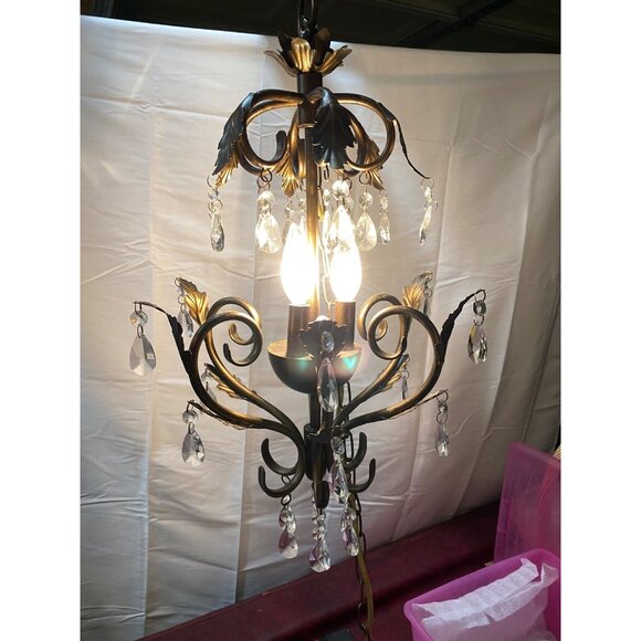 Chandelier 3 Light Antique Rubbed Brass Leaf Scroll 31 2-Tier Prism Crystals - Picture 6 of 16